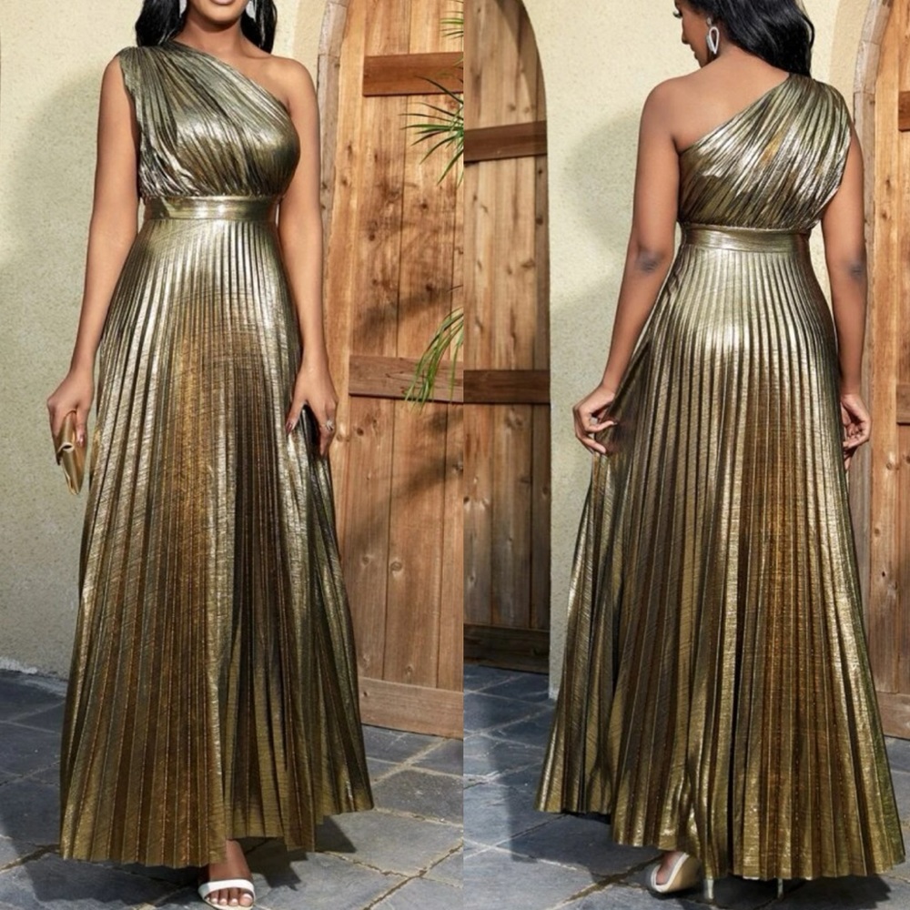 Luxe one shoulder pleated party formal metallic gown dress